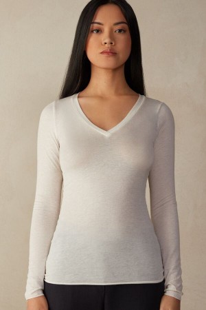 Long Sleeve Intimissimi V-neck top in Modal Ultralight with Cashmere Damskie Głęboka Żółte | PL4231ZG