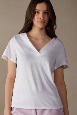 Short Sleeve Intimissimi V-neck Top in Supima® Ultrafresh Bawełniane Damskie Białe | PL4200MA